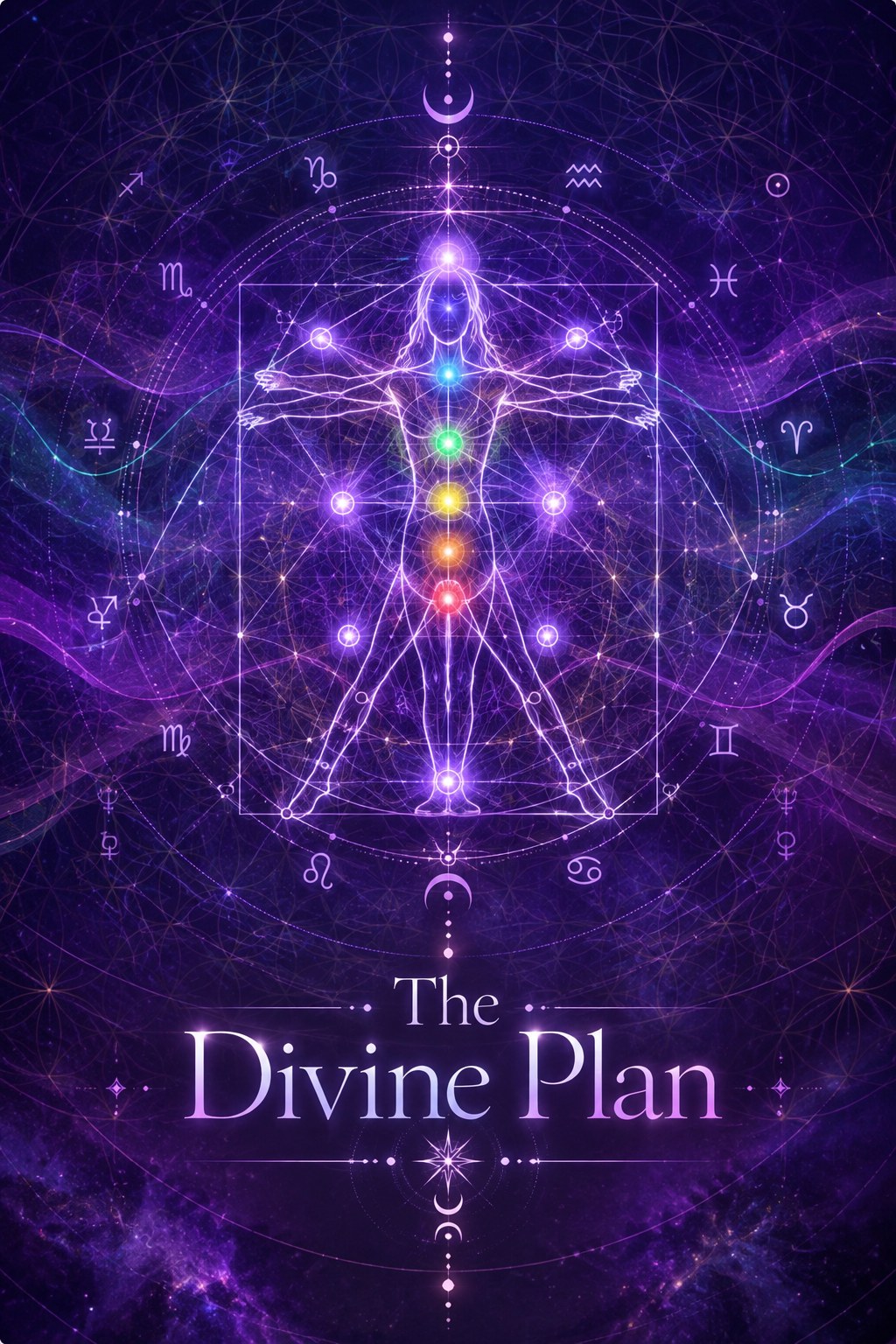 The Divine Plan: a luminous Vitruvian figure with seven glowing centers inside a circle and a square, surrounded by the zodiac on a violet cosmic field